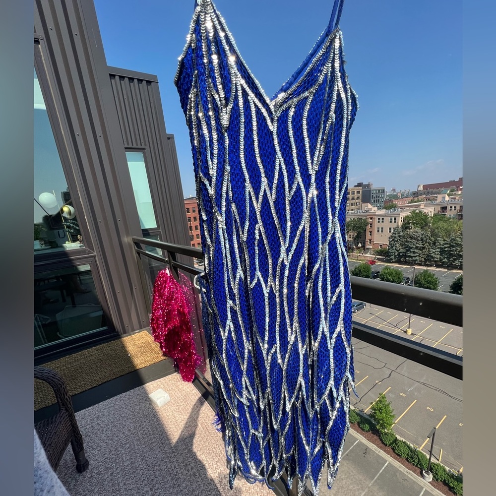 Vinnie Vintage Blue Silver Hand Beaded Sequin 100% Silk Flapper Dress sz small